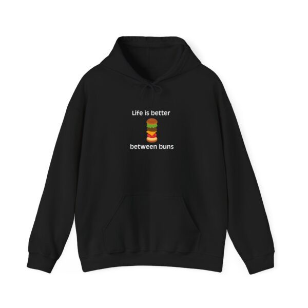 Funny Burger Hoodie - 'Life is Better Between Buns' Unisex Heavy Blend Sweatshirt